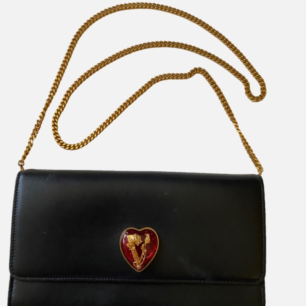 Authentic Vintage Versace Black Leather Handbag Red Heart Logo Gold Chain HTF - Picture 8 of 12